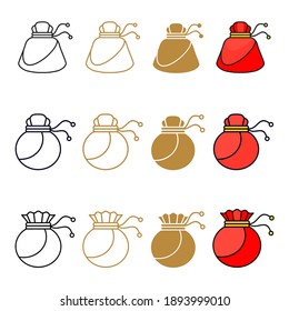 Set of Chinese money bag for greeting card decoration. Knot of happiness. Paper lanterns and couplets on the door. Flat vector outline icons.