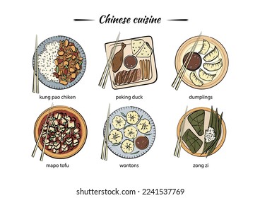 Comida nacional china. Cocina asiática. Kung pao chicke, Dumplings, Peking duck, Mapo Tofu, Zong zi.  Ilustración vectorial de Flatlay