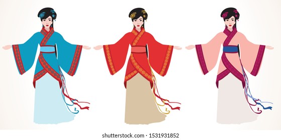 Set Chinese New Year 2020. Chinese ancient women. Vector illustration