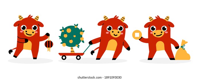 Set of Chinese New Year 2021 traditional symbols. Bull, ox, chinese decoration, gold, tangerine tree, red paper lantern. Year of the ox, 2021. Perfect for calendar, cards. Eastern zodiac vector sign