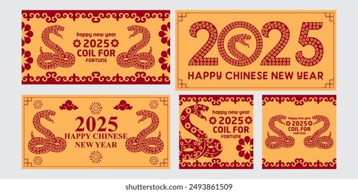 SET Chinese New Year 2025 modern design in red, gold colors for cover, card, banner. Flyer Template,Chinese zodiac Snake symbol