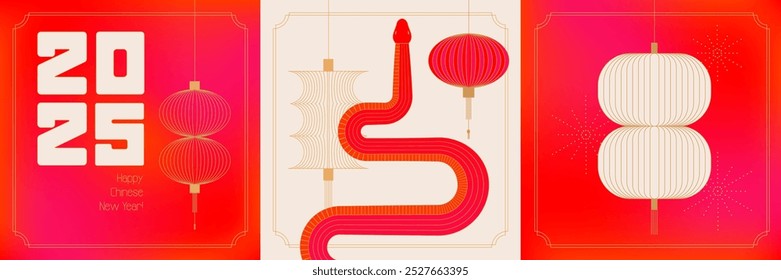 Set chinesischer Banner für das neue Jahr 2025. Geometrische lineare Kunst. Rote traditionelle chinesische Designs mit Schlange, Laternen, Feuerwerk, Dekorationen. Mond-Neujahrskonzept, moderne Vektorgrafik