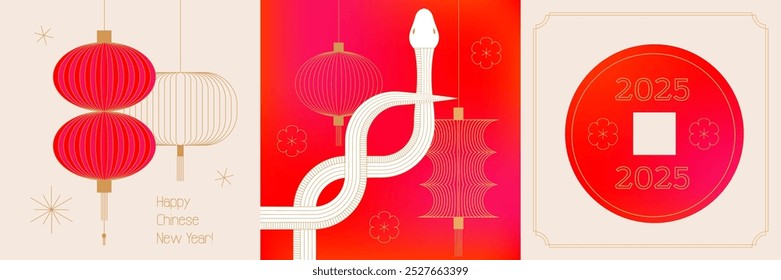 Set of Chinese New Year 2025 modern square covers in red, gold and white colors for cover, card, poster, banner with trendy geometric elements - geometric linear snake and lanterns. Vector