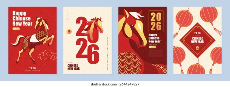 Set of Chinese New Year 2026 poster designs with horse illustration in flat graphic style, red and gold colors, symbolizing Year of the Horse, for holiday greeting cards and celebration decorations, v