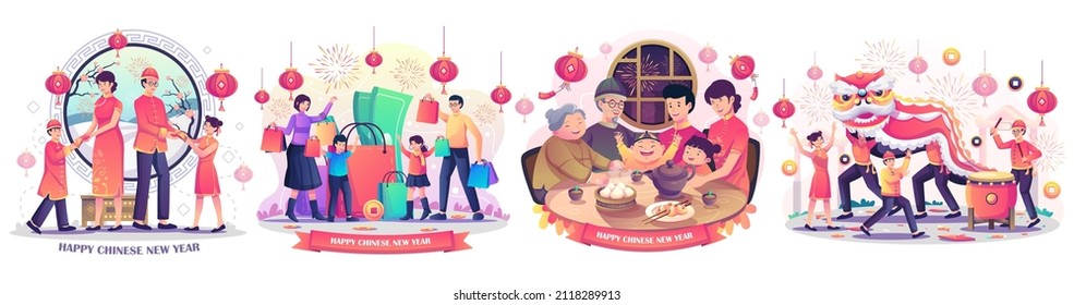 Set of Chinese New Year with Asian Family gathering is having a reunion dinner. children playing with a Chinese dancing lion. familiy online shopping. flat style vector Illustration