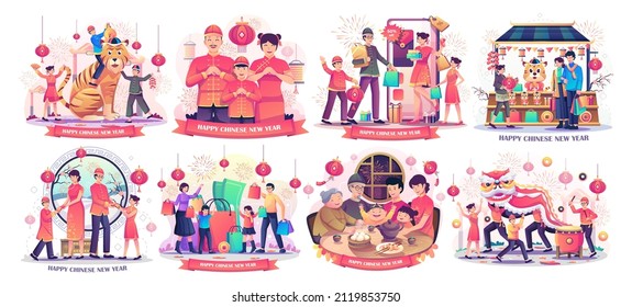 Set of Chinese New Year with Asian Family is having a reunion dinner. children playing with a Chinese dancing lion. family online shopping. flat style vector illustration