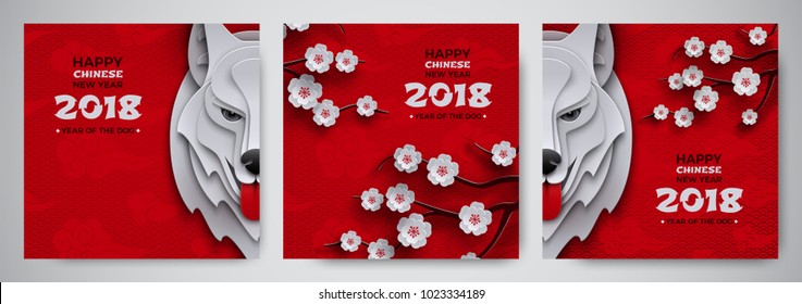 Set of Chinese new year banners, symbol 2018 year of the dog, zodiac sign, sakura cherry flowers on pattern oriental background. Paper cut out design for greeting card, banner, vector illustration