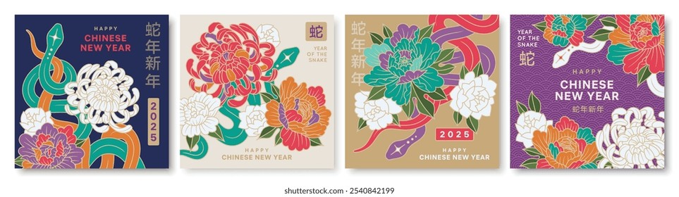 Set of Chinese New Year banners with snake, chrysanthemum and peony . Design templates with flowers, clouds, stars, snakes and hieroglyphic means New Year of the Snake and symbol of snake.