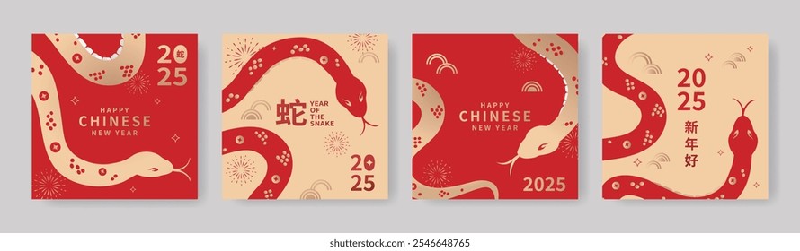 A set of Chinese New Year card designs celebrating the 2025 Year of the Snake, featuring traditional floral and Asian patterns with New Year elements. Translation: Lunar New Year.