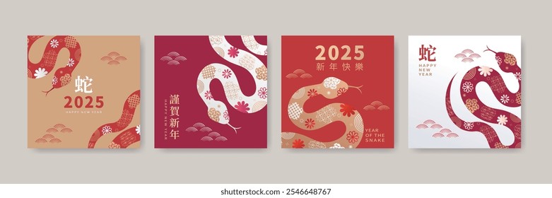 A set of Chinese New Year card designs celebrating the 2025 Year of the Snake, featuring traditional floral and Asian patterns with New Year elements. Translation: Lunar New Year.