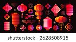 Set of Chinese New Year design elements. Set of festive stickers with traditional Asian lanterns, flowers and lucky coins. Chinese Holidays Icons. Cartoon vector illustration isolated on background