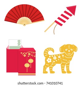 Set of Chinese new year design elements. Vector illustration. Set include gold dog, red envelope, Chinese lantern with cherry and firework red rocket flat icon.
