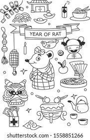 Set of Chinese new year doodle. Year of rat. Isolated on white background