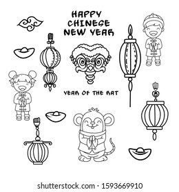 Set of Chinese new year doodle. Year of rat. Isolated on white background