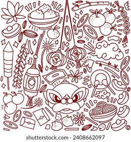 Set of Chinese new year doodle isolated on white background, year of Dragon