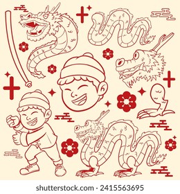 Set of chinese new year element with character and icon using hand-drawn style by pxlgraph. Perfect for background, poster, template, and advertising design.