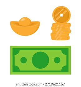 Conjunto de Elementos chinos del año Nuevo con billetes, monedas de oro y sycee, (yuanbao, lingotes de oro chino) aislados sobre fondo blanco. Símbolo de riqueza. colección de Clipart de dinero para el año Nuevo lunar.
