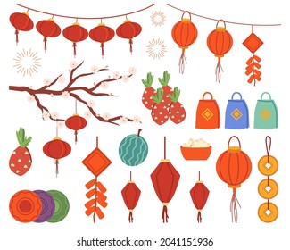 Set of Chinese New Year flat cartoon isolated icons. Vector hanging garlands detectors, red paper lanterns, coins and fireworks, blooming sakura branch. Watermelon, dragon fruit, gift bags, plates