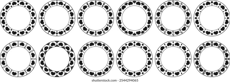 Set of Chinese new year frames. Festive floral elements round composition. Hand drawn vector flat floral decorative elements. lanterns, flowers, bamboo,hearts, wavy ornament framing. 