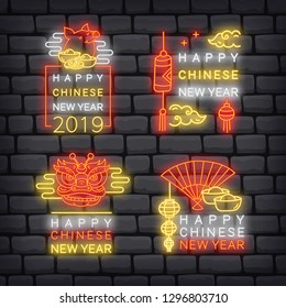 Set Of Chinese New Year Greeting Badge In Neon Style Vector