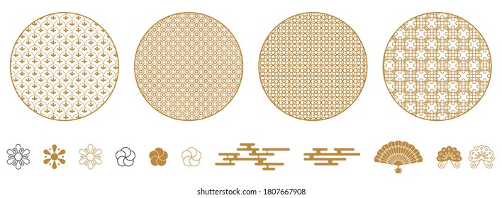 Set of Chinese new year greeting card decoration. Round decorative elements with geometric and floral patterns. Asian traditions. Flat vector outline icons.