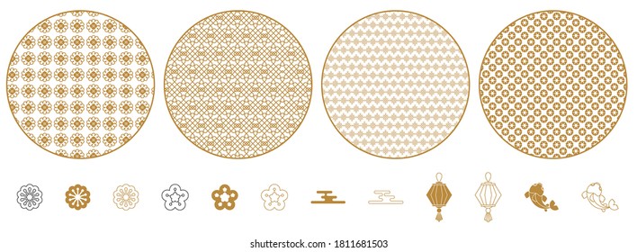 Set of Chinese new year greeting card decoration. Round decorative elements with geometric and floral patterns. Asian traditions. Flat vector outline icons.