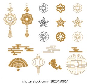 Conjunto de decoración china de tarjetas de felicitación para el año nuevo. Un nudo de felicidad. Linternas de papel y copas en la puerta. Iconos de contorno de vector plano.