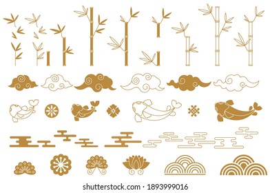 Set of Chinese new year greeting card decoration. Knot of happiness. Paper lanterns and couplets on the door. Flat vector outline icons.