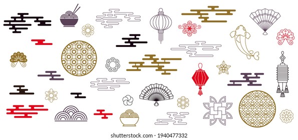 Set of Chinese new year greeting card decoration. Knot of happiness. Paper lanterns and couplets on the door. Flat vector outline icons.