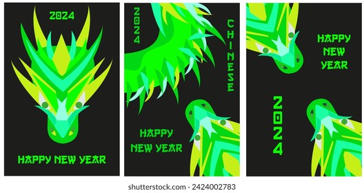 Set Chinese New Year greeting posters in trendy Neon style. Cyber Neon Dragon on black background. Vector illustration can used web social media card brochure banner. EPS 10