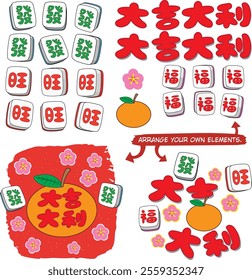 A set of Chinese New Year greeting elements that can be arranged in infinite ways. Translation: to get rich, good fortune or luck, prosperous, flourishing, thriving.
