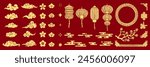 Set of Chinese new year hand drawn texture elements. Traditional decorative jewelry collection in Chinese and Japanese style for card, print, flyers, posters, merch, covers. Vector illustration. 