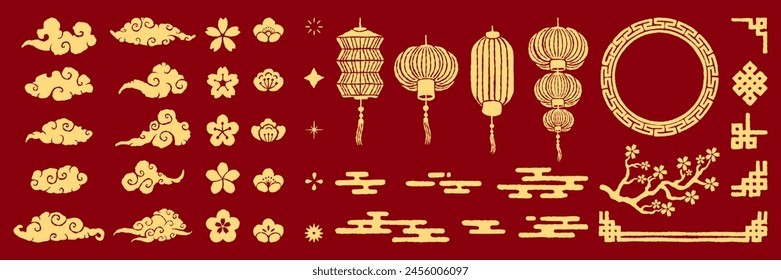 Set of Chinese new year hand drawn texture elements. Traditional decorative jewelry collection in Chinese and Japanese style for card, print, flyers, posters, merch, covers. Vector illustration. 