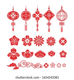 Set of Chinese New Year icon in thin line modern style. Flower, Lantern, Peony, Clouds and asian elements, vector illustration.