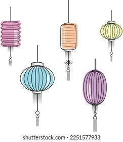 Set of Chinese New Year lanterns, round and cylinder shape. Traditional red paper lanterns. Lineal draw.