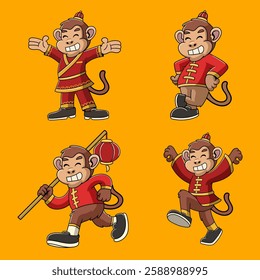 Set of Chinese New Year Monkey Zodiac Cartoon Character in Retro Vintage Illustration