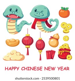 Set of Chinese new year ornament cartoon collection, snake, orange, Chinese coin, ingots, golden clouds, Golden gourd, Chinese red envelope, Chinese lanterns. Illustration for decorating cards.