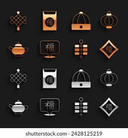 Set Chinese New Year, paper lantern, Firework, tea ceremony, hat,  and  icon. Vector