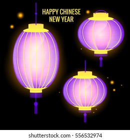 Set of Chinese New Year paper lanterns. Illumination bright purple color. Different forms. Vector illustration isolated on a black background.