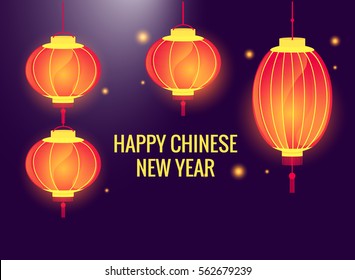 Set of Chinese New Year paper lanterns. Illumination bright red color. Different forms. Vector illustration isolated on a dark background.