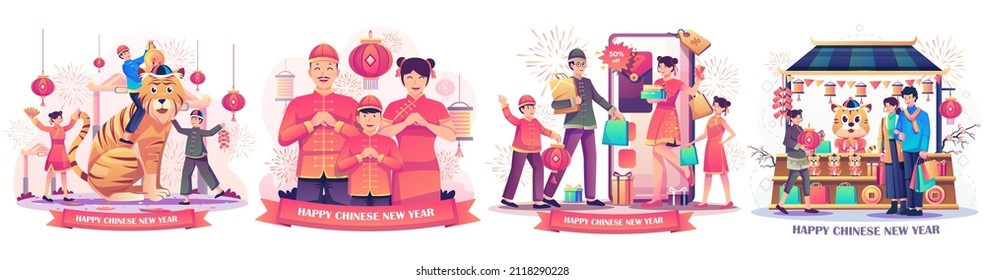 Set of Chinese New Year with People celebrates the lunar new year. children playing with a zodiac lion. family online shopping. couple shopping in street market store. flat style vector Illustration