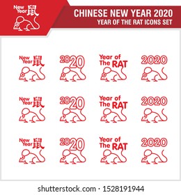 Set of chinese new year of the rat 2020, outline style, trendy, simple and meaningful design