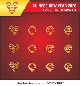 Set of chinese new year of the rat 2020, outline style, trendy, simple and meaningful design