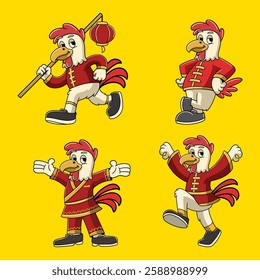 Set of Chinese New Year Rooster Zodiac Cartoon Character in Retro Vintage Illustration