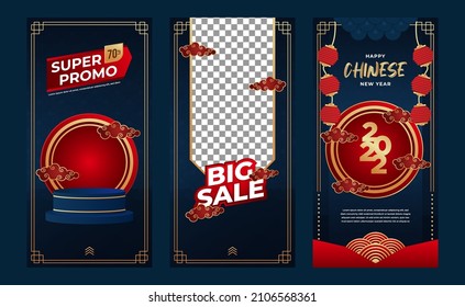 Set Chinese new year sale offer banner discount social media banner, story promotion with podium product display. Blue chinese sale offer template background
