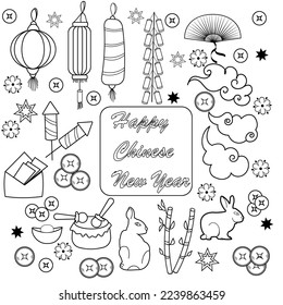 Set of Chinese New Year symbols. Lanterns, decorations, rabbit, gifts. Doodle style, black and white. Vector illustration.