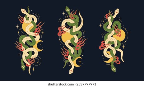 Set of Chinese New Year symbols. Green and white snakes with moon, sun, stars and fire. Traditional Chinese lunar symbols isolated on black background.