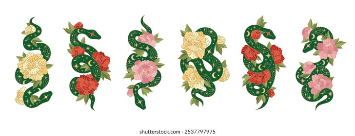 Conjunto de símbolos de Ano Novo Chinês. Cobras verdes com padrões lunares e peônias. Símbolos lunares chineses tradicionais com flores. Isolado com fundo branco.