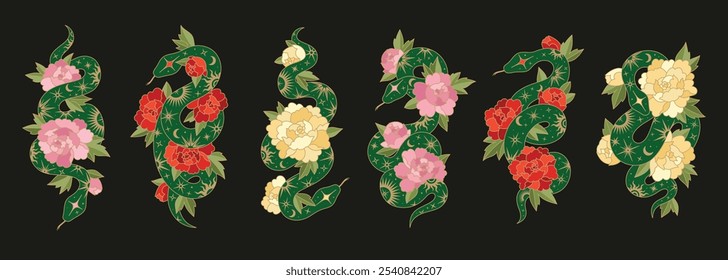 Set of Chinese New Year symbols. Green snakes with lunar patterns and peonies. Traditional Chinese lunar symbols with flowers. Isolated on black background.