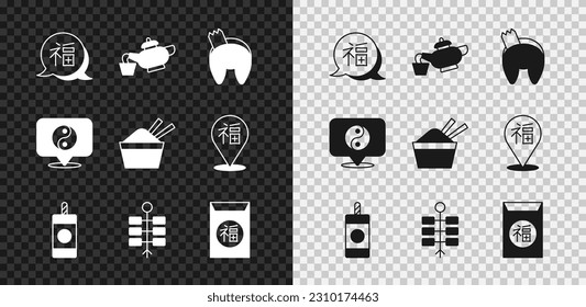 Set Chinese New Year, tea ceremony, fortune cookie, Firework, Yin Yang symbol and ice bowl with chopstick icon. Vector